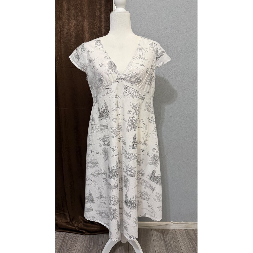 White Landmark Print Midi Dress Sz M Brasil Christ the Redeemer Empire Waist